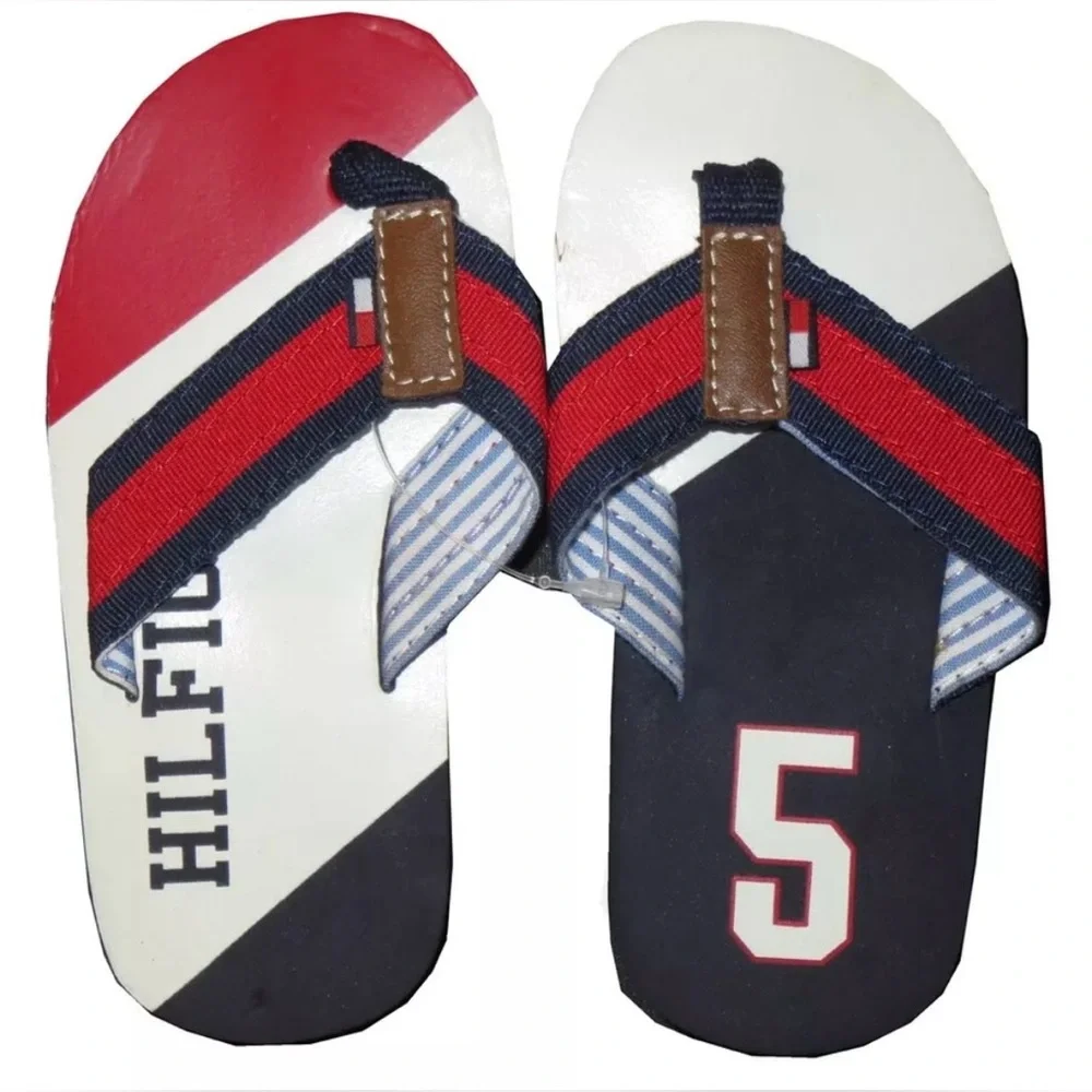 NEW TOMMY HILFIGER BEACH SANDALS RED WHITE BLUE COLOR BLOCK BOYS KIDS 8/9